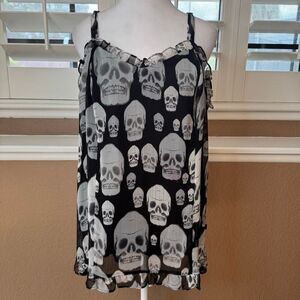 Tripp NYC Size 2X Ruffle Skull Print Tank Top Black Semi Sheer Goth Punk Emo